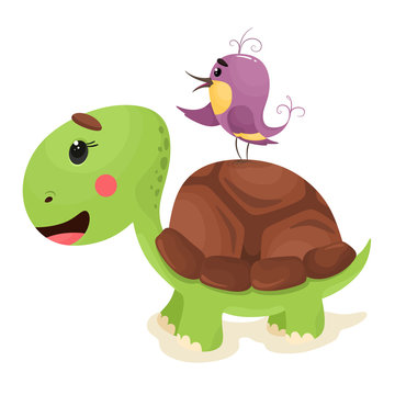 Turtle with a bird on its back, cute animal friends. Vector illustration in cartoon flat style. White background.