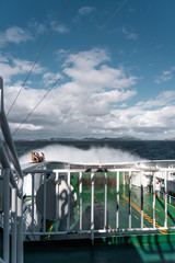 Water spraying on the car deck when the waves hits the ferry, Mortavika - Arsvågen Norway