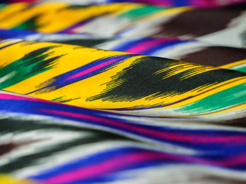 Native uzbek textile - khan atlas, close-up view