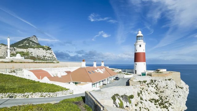 Time lapse of Ibrahim-al-Ibrahim Mosque and Trinity lighthouse, Europa Pont, trait of Gibraltar, Gibraltar
