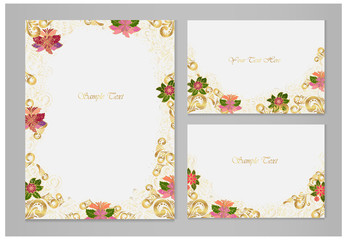 Set of vector cards with gold ornaments, curls, pink flowers and with place for text.