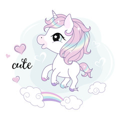 Cute little unicorn character over background with rainbow. Vector.