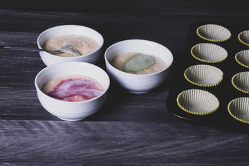 Dye is added to the cupcake dough.