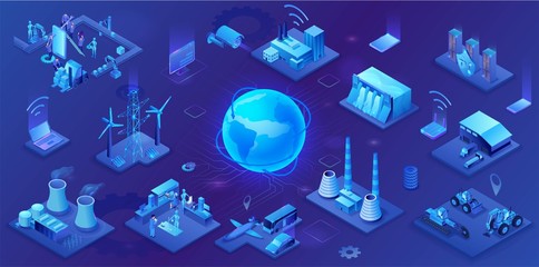 Industrial internet of things infographic illustration, blue neon concept with factory, electric power station, globe 3d isometric icon, smart transport system, mining machines, data protection