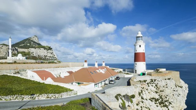 Time lapse of Ibrahim-al-Ibrahim Mosque and Trinity lighthouse, Europa Pont, trait of Gibraltar, Gibraltar