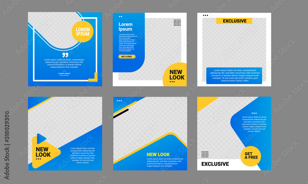 Wall mural set of editable minimal square banner template. blue and yellow background color with stripe line sh