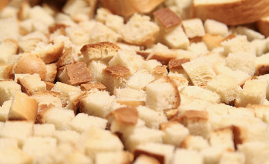 Fototapeta na wymiar crackers. white dried bread on the prothin. laid out all over the background. small pieces