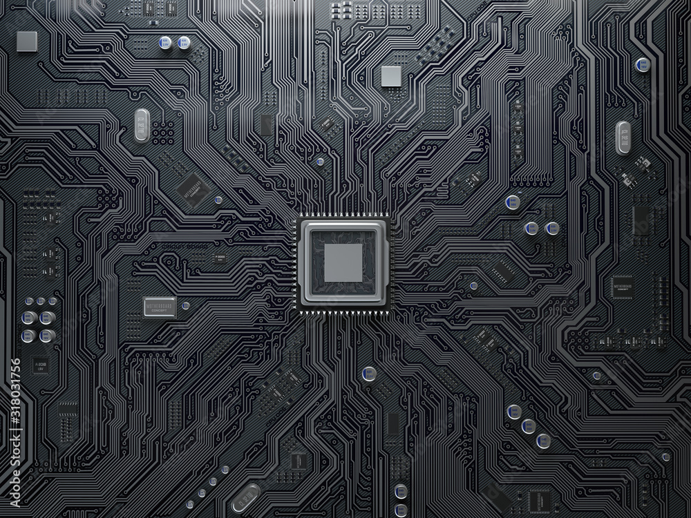 Poster PU chip on circuit board. Black motherboard with central processor chip. Computer hardware tecnology.