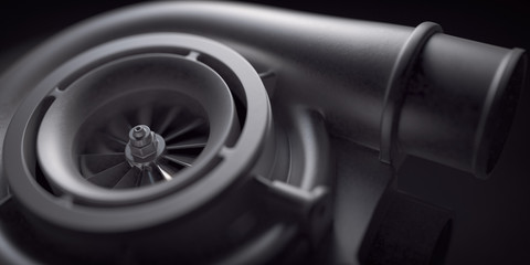 Car turbocharger on black background. Auto part turbo engine technology concept. - obrazy, fototapety, plakaty