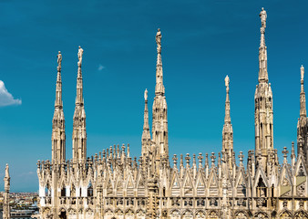 Fototapeta premium Dach katedry w Mediolanie, Włochy. Słynna katedra w Mediolanie lub Duomo di Milano to najważniejszy punkt orientacyjny Mediolanu. Luksusowe gotyckie wieże z posągami na tle błękitnego nieba.