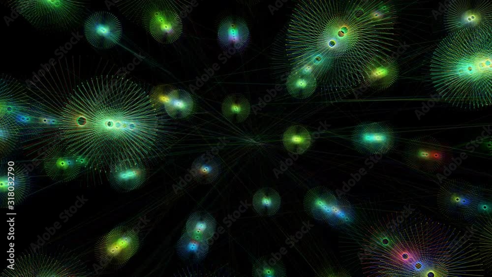 Wall mural abstract colorful wheels appear and move towards viewer then fade to black