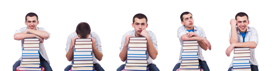 Student with lots of books on white