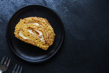 biscuit roll cream and jam (sweet dessert sponge cake) menu concept. background. top view. copy space