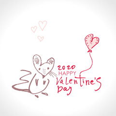 Sketch card funny mouse in love. Happy Valentine's Day 2020 handwritten lettering. Valentines day holidays typography print, postcard, t-shirt and more. Vector illustration