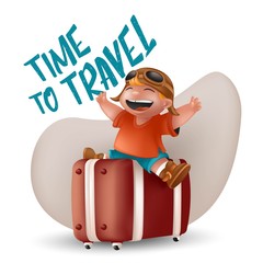 Laughing little boy in orange t-shirt and pilot glasses sitting with raising hands on brown suitcase. Kid traveler character vector Illustration with Time to Travel sign isolated on white background