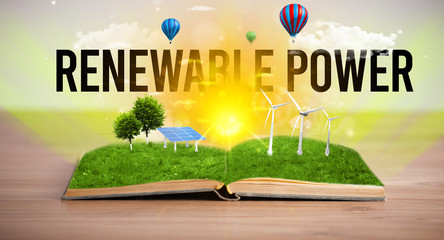 Open book with RENEWABLE POWER inscription, renewable energy concept