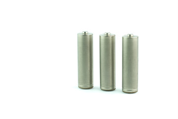 Several AA batteries in perspective closeup view on white background.