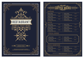 Restaurant menu design vector brochure template with vintage logo.