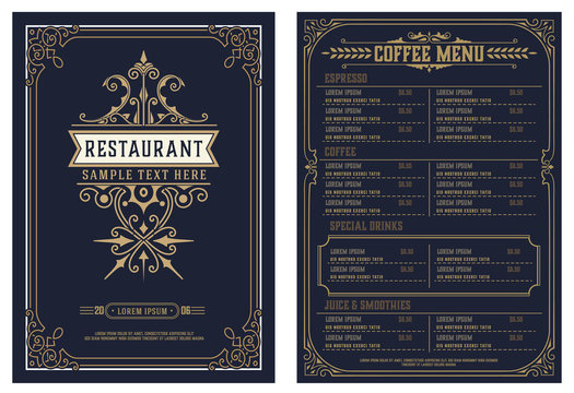 Restaurant Menu Design Vector Brochure Template With Vintage Logo.