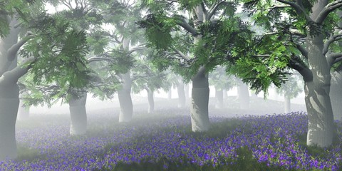 Beautiful park in the fog, trees in the haze, morning forest in the smoke, 3D rendering