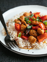 Szechuan TVP Chunks with Peppers on rice.
