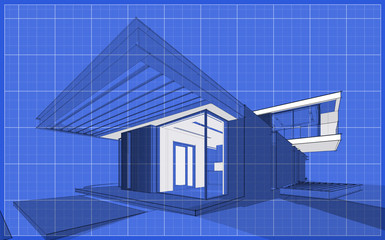 Fototapeta na wymiar 3d rendering of modern cozy house on the hill with garage and pool for sale or rent. Black line sketch with soft light shadows and white spot on blueprint background.