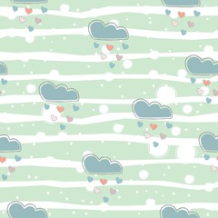 Cute Seamless pattern with hearts and clouds raining hearts on paper background