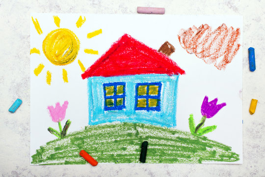 Colorful drawing: House with red roof on the hill. Idyllic landscape