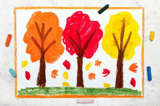 Photo of colorful drawing: Autumn landscape, trees with yellow, orange and red leaves