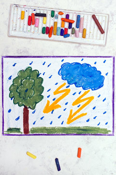 Photo of colorful drawing: Stormy weather, Lightning strike hits next to a tree