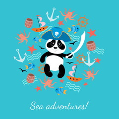 Little cute panda pirate. Children's illustration decorated with marine elements.