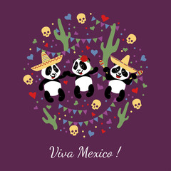 Little funny pandas dance in Mexican hats. Children's illustration decorated with confit, garlands, skulls, cacti.
