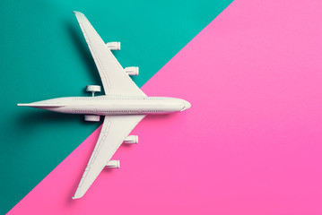  jet airplane travel concept, minimal art, on pastel color background.