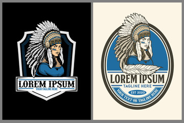 western style Women American Native Indian Warrior vector badge shield logo Template