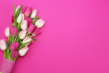 Bouquet of beautiful tulips on pink background.