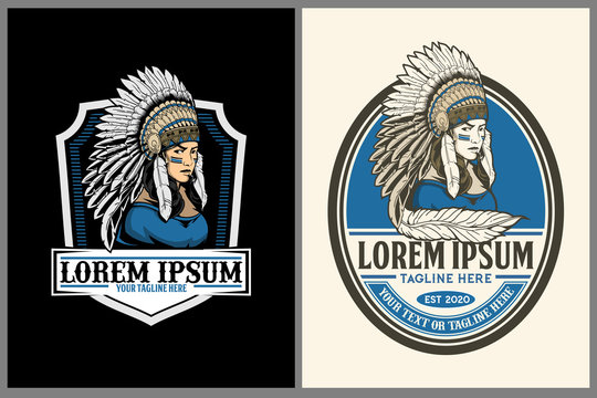 Western Style Women American Native Indian Warrior Vector Badge Shield Logo Template