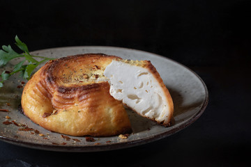 Baked ricotta cheese in gray plate on the dark background, close up, copy space, front view