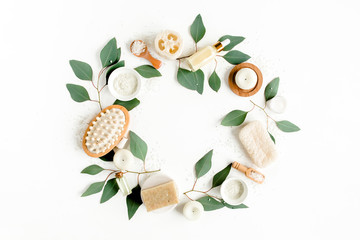Spa concept with eucalyptus oil and eucalyptus leaf extract natural /organic spa cosmetics products, eco friendly bathroom accessories. Skincare concept on white background. Flat lay composition top v