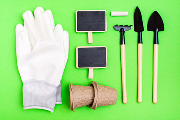 Home gardening. Miniature gardening tools: scoop, rake, inscription board, gloves and chalk on...