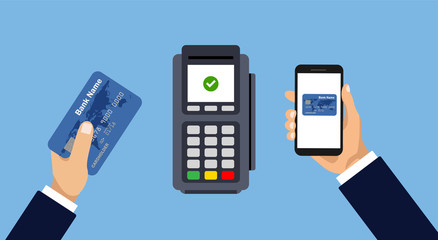 Vector pos terminal confirms the payment by smartphone or card. Mobile and contactless payment. Pay pass. Flat design of POS terminal usage concept. - obrazy, fototapety, plakaty