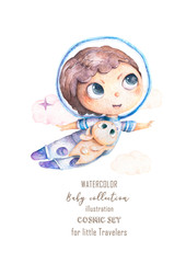 Cute smiling boy brown hair flowers in head take blue planet in hands set of satellites, planet and funny hamster Watercolor baby shower isolated on white Cartoon illustration for children