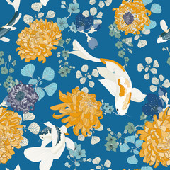 Chrysanthemum Flower Seamless Botanical Koi Fish Vector Pattern