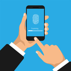 Hand holds smartphone with scanning fingerprint. Fingerprint identification in the mobile phone. Vector illustration.