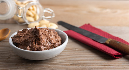 Homemade organic vegan chocolate spread, made of almonds, honey and cacao. With a jar of rice milk