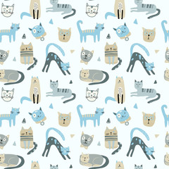 Seamless pattern with cute Kittens in diferent style. Creative childish texture. Great for fabric, textile Vector Illustration