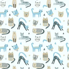 Tapeten Nahtloses Muster mit süßen Kätzchen im unterschiedlichen Stil. Kreative kindliche Textur. Ideal für Stoff, Textil-Vektor-Illustration © liza