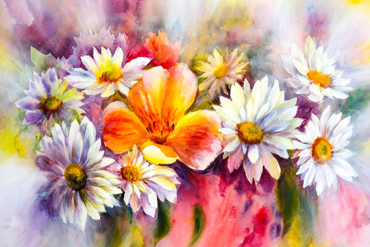 Bright bouquet of spring flowers oil painting.