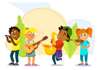 Obraz na płótnie Canvas Musical children's band on a white background. Singer and musicians. Vector illustration