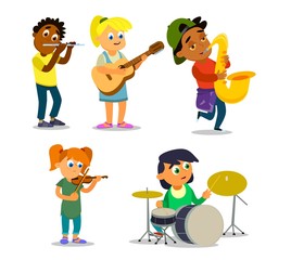 Musical children's band on a white background. Singer and musicians. Vector illustration