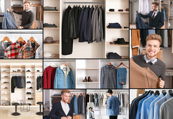 Collage of photos with handsome man and stylish clothes in wardrobe